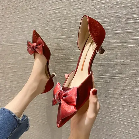 红色高跟鞋女细跟2024年春季新款性感百搭尖头浅口蝴蝶结新娘婚鞋图片