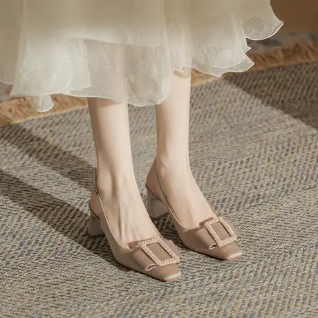 方扣包头凉鞋女2024年夏季新款粗跟后绊带高跟鞋性感百搭尖头单鞋商品大图