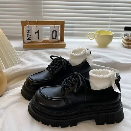英伦风小皮鞋女单鞋2023新款春秋款女鞋子厚底黑色夏季系带乐福鞋商品大图