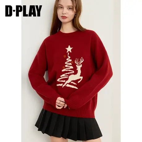DPLAY100羊毛衫新年红色毛衣龙年红色针织衫宽松加厚新年毛衣女商品大图