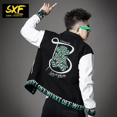 SXF圣希梵棒球服外套男潮 秋季小熊刺绣皮袖拼接美式翻领男士夹克商品大图