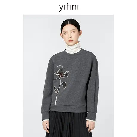 Yifini/易菲宽松圆领珠片刺绣卫衣女冬季新款百搭休闲上衣商品大图