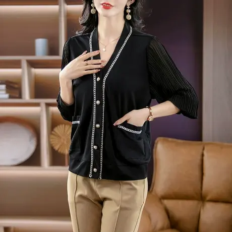 伊自尚大码女装2024早春季新款时尚百搭胖mmV领开衫针织外套上衣图片