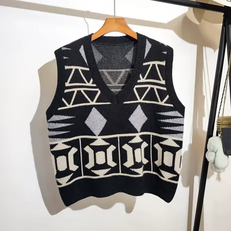 菱形格针织马甲女秋冬新款宽松慵懒大码时尚无袖毛衣坎肩背心外穿商品大图