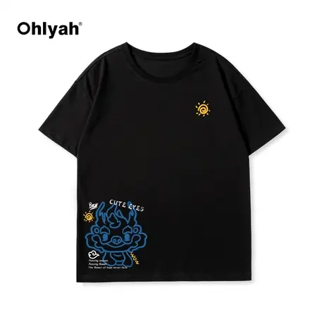 Ohlyah春夏新款原创涂鸦小龙百搭纯棉短袖T恤女宽松慵懒情侣上衣商品大图