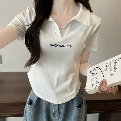 夏季chic上衣女新款纯欲风辣妹短款修身紧身短袖t恤别致独特小衫商品大图