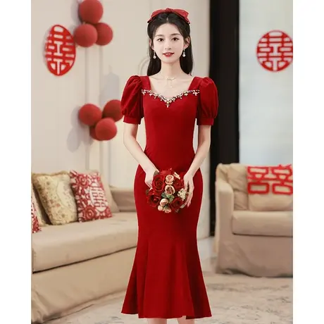 鱼尾敬酒服2023新款新娘红色礼服女夏季订婚高级感修身法式方领商品大图