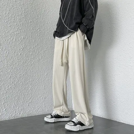 男士休闲长裤编织抽绳直筒卫裤高街纯色宽松阔腿裤ins潮牌运动裤商品大图