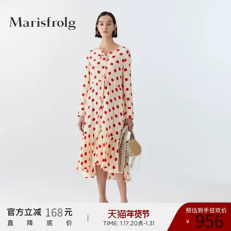 Marisfrolg玛丝菲尔女装夏季新款V领长袖中长款波点连衣裙图片