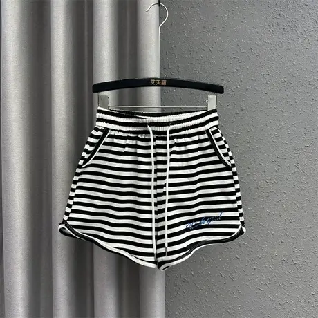 欧货斑马纹设计感运动休闲短裤女2024春夏新款抽绳宽松显瘦阔腿裤商品大图