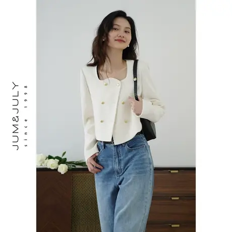 嘉茱莉新款法式小香风短外套女不规则弧形领口上衣短款外套设计感商品大图