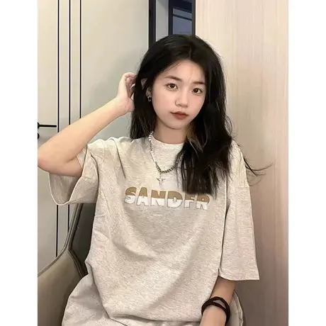 纯棉白灰色设计感短袖t恤女夏季宽松半袖oversize休闲百搭上衣服图片