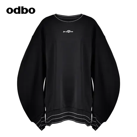 odbo/欧迪比欧原创设计拼接圆领卫衣女秋装2023新款宽松黑色上衣图片