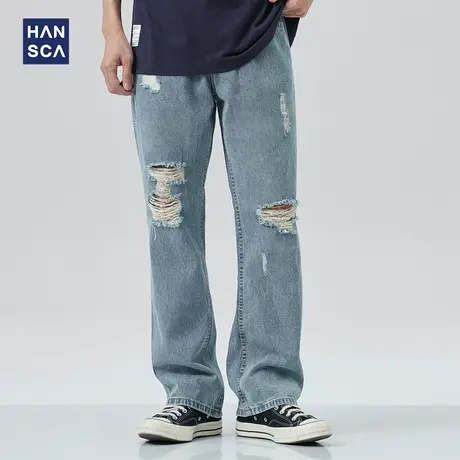hansca破洞牛仔裤男潮牌宽松复古春季美式高街微喇叭直筒阔腿裤子商品大图