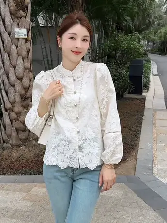 新中式国风盘扣长袖衬衫女2024春季新款白色高级感小个子立领上衣商品大图