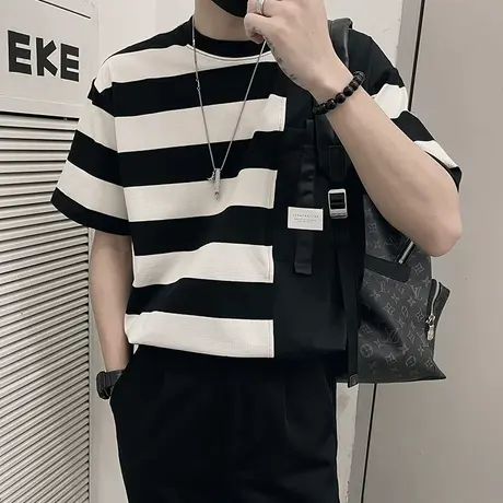 设计感拼接条纹体恤男夏季潮牌短袖韩版半袖上衣ins圆领T恤半截袖商品大图