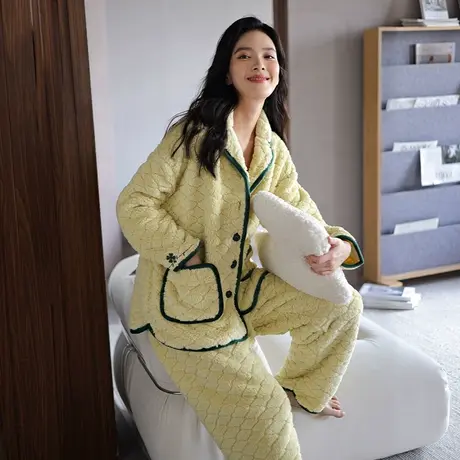 婷美睡衣女冬季珊瑚绒开衫保暖加厚可外穿长毛绒家居服秋冬天套装商品大图