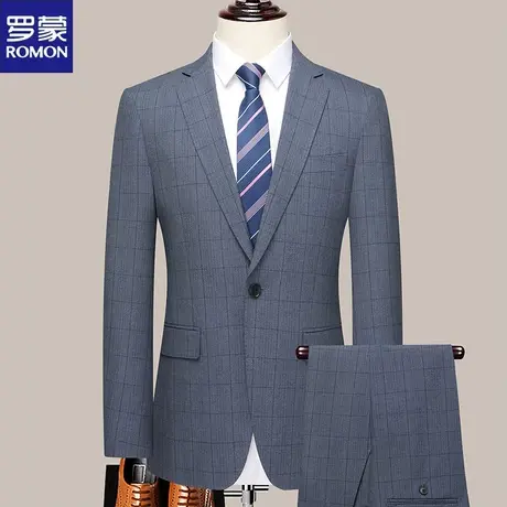 罗蒙新款休闲西装男蓝色格子西服男士商务修身韩版结婚西装套装男图片
