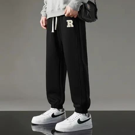 休闲长裤子男秋冬款加绒运动裤宽松潮流九分抽绳小脚束脚黑色卫裤商品大图