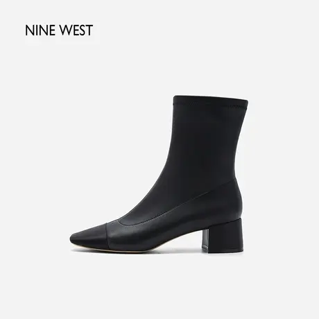 Nine West/玖熙小香风拼色弹力瘦瘦靴2023冬新款粗跟方头韩系短靴商品大图