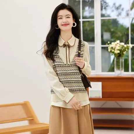 时尚气质套头针织马甲2023年冬季新款女士复古休闲简约坎肩上衣商品大图