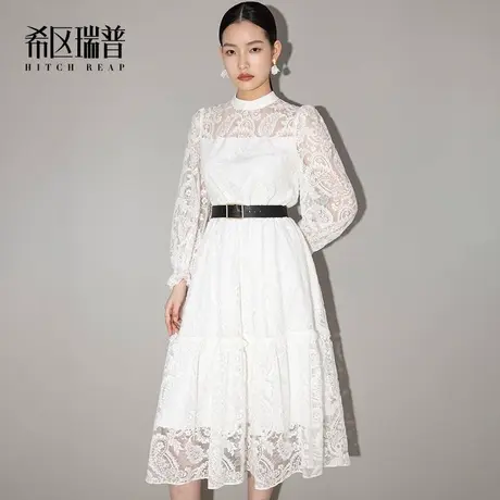 希区高端蕾丝连衣裙女装2023年秋季新款法式气质温柔白色刺绣裙子图片