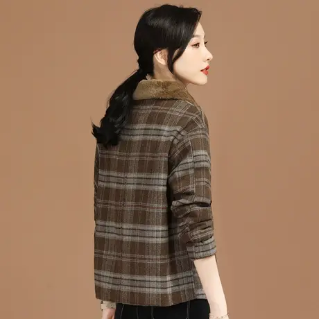 韩潮袭人毛领加厚夹棉格子毛呢外套女2023年冬季新款格纹呢子大衣图片