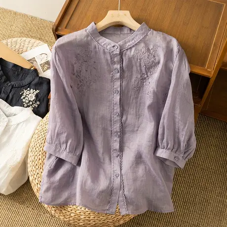 享永子七分袖苎麻衬衫女薄文艺复古宽松气质棉麻上衣2023春夏新款商品大图