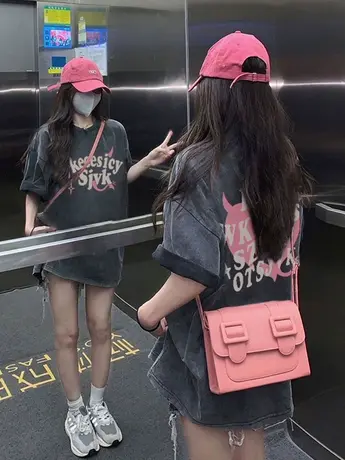 美式复古水洗做旧短袖t恤女2023夏季新款宽松半袖中长款纯棉上衣商品大图