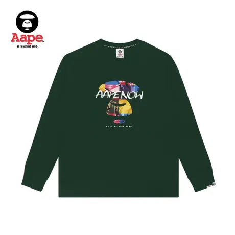 Aape旗舰店男装秋冬撞色迷彩拼接猿颜字母印花长袖T恤0825XXH商品大图