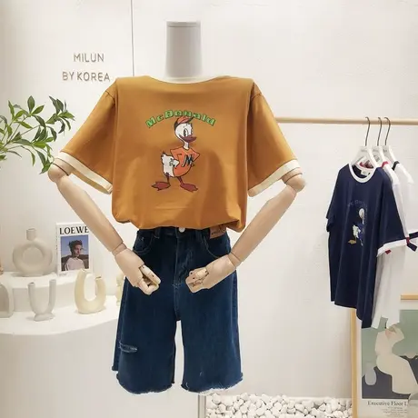 chic小众复古设计感撞色短袖上衣2022夏季韩国东大门T恤宽松减龄商品大图