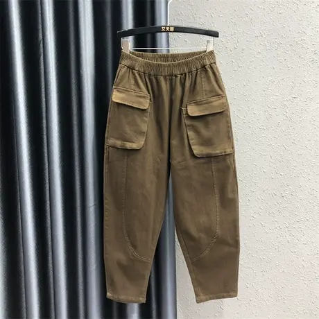 欧货女士松紧高腰休闲小脚萝卜裤潮新款显瘦个性口袋牛仔哈伦裤秋商品大图