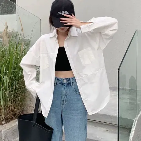 休闲百搭纯色衬衫外套女2023春秋装新款纯棉衬衣打底衫长袖上衣潮商品大图