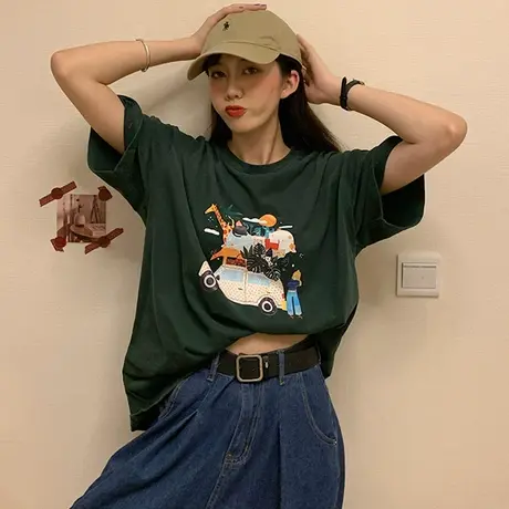 网红短袖t恤女2020宽松韩版学生原宿bf慵懒风ins超火chic上衣服潮商品大图