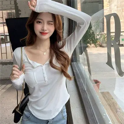 纯欲辣妹v领系扣白色t恤女长袖秋季新款弧形下摆显瘦紧身上衣短款商品大图