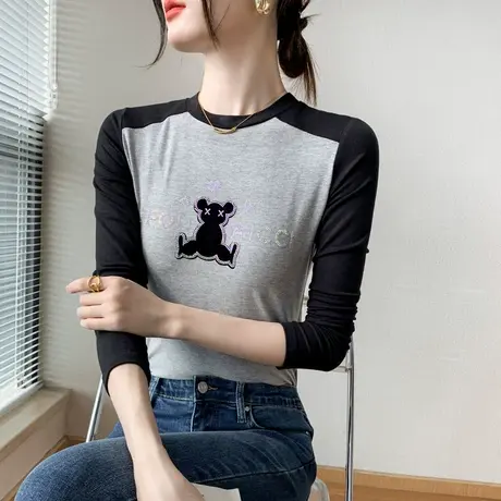 圆领长袖T恤女2023早春新款小熊爱心烫钻上衣拼色修身内搭打底衫商品大图