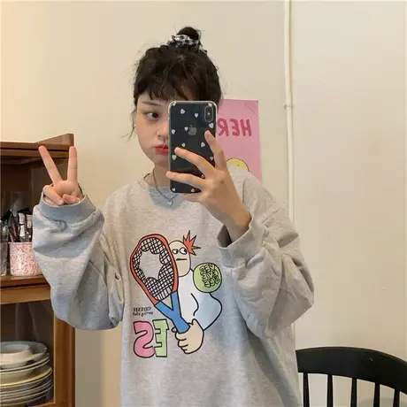 红续灰色卫衣女oversize秋装新款韩版原宿风卡通长袖上衣宽松百搭图片