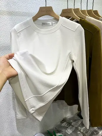 欧货圆领长袖T恤女2022秋冬新款洋气软糯明线内搭打底衫修身上衣商品大图