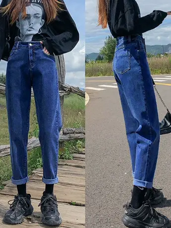 外贸清仓捡漏高腰哈伦老爹牛仔裤女春秋直筒宽松显瘦百搭萝卜裤子图片