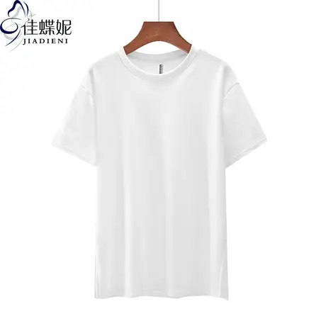 春季新款韩版圆领宽松休闲纯色纯白中长款短袖体恤上衣打底衫女装商品大图