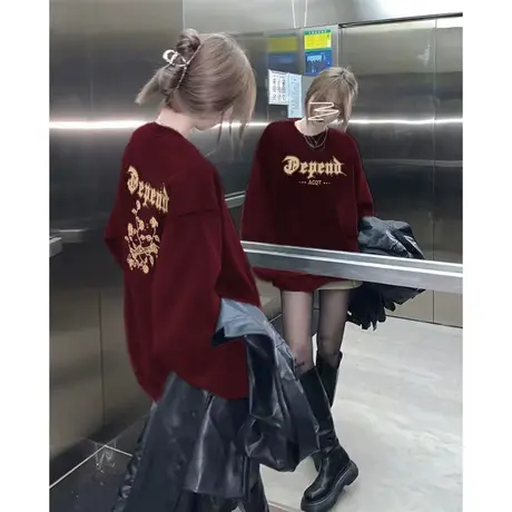 无帽卫衣女圆领宽松秋冬加绒加厚潮牌美式复古港味chic上衣外套春商品大图