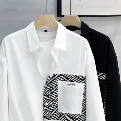 男士衬衫秋冬季新款印花拼接长袖衬衫外穿潮流休闲青年宽松男衬衣商品大图