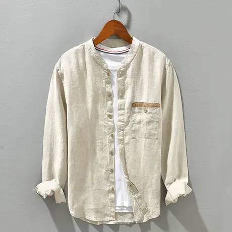 亚麻衬衫男春秋季休闲男士棉麻长袖立领衬衣白色宽松中青年外套潮商品大图