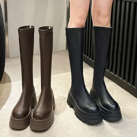 2023年新款小个子中筒长靴女不过膝厚底增高筒骑士靴女显瘦长筒靴图片