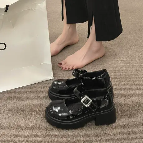 玛丽珍鞋日系小皮鞋女复古粗跟漆皮2023年新款夏季浅口法式高跟鞋商品大图