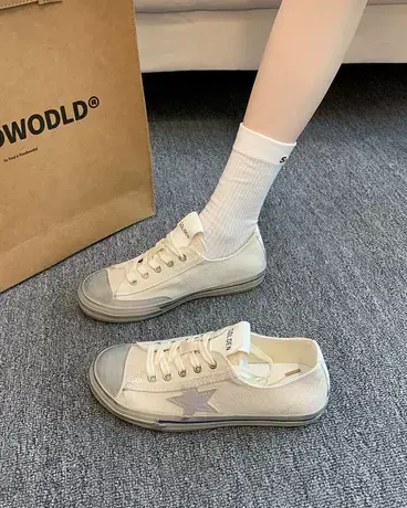 复古做旧脏脏帆布鞋女2023夏季新款透气星星圆头平底休闲百搭板鞋商品大图