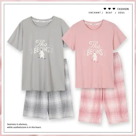 【商场同款】秋鹿纯棉睡衣夏季女款短袖五分裤格子早春情侣装1128图片