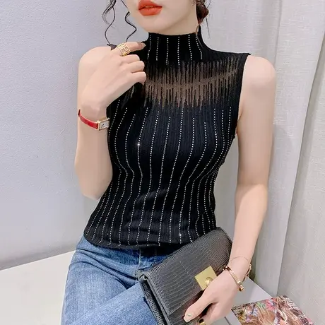 性感网纱拼接背心女内搭外穿夏装洋气半高领无袖上衣时尚烫钻小衫商品大图