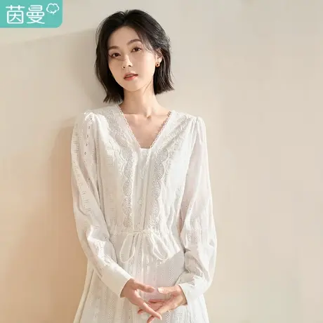 【商场同款】茵曼2023春女装新款文艺拼接花边纯棉V领收腰连衣裙图片