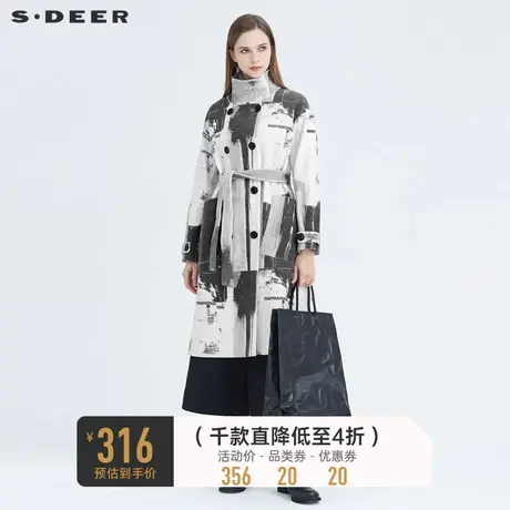 sdeer圣迪奥冬季立领双排扣收腰字母印花长款毛呢大衣S20481844图片